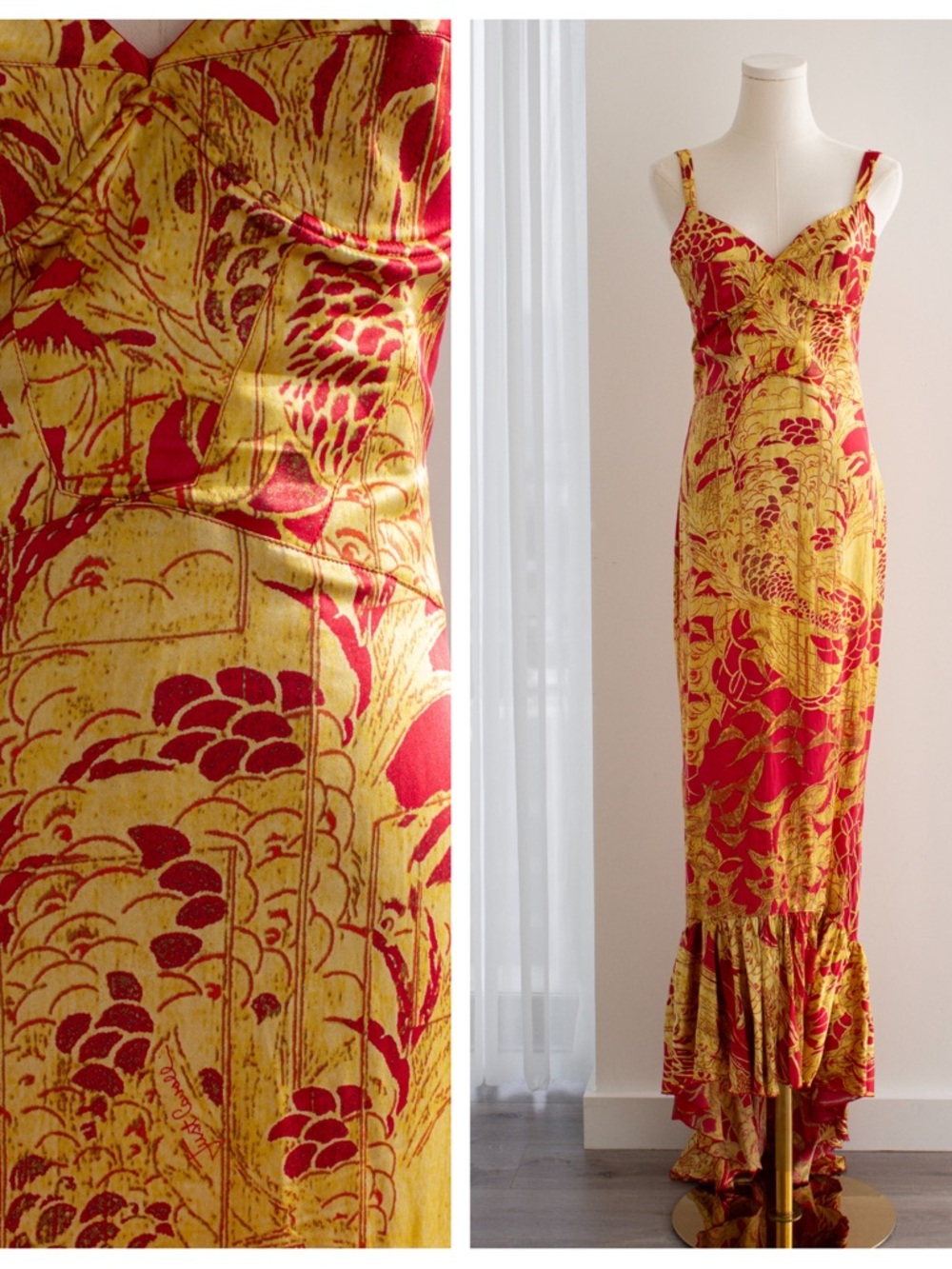 Just Cavalli Red & Gold Silk Oriental Japanese Print Maxi Dress
